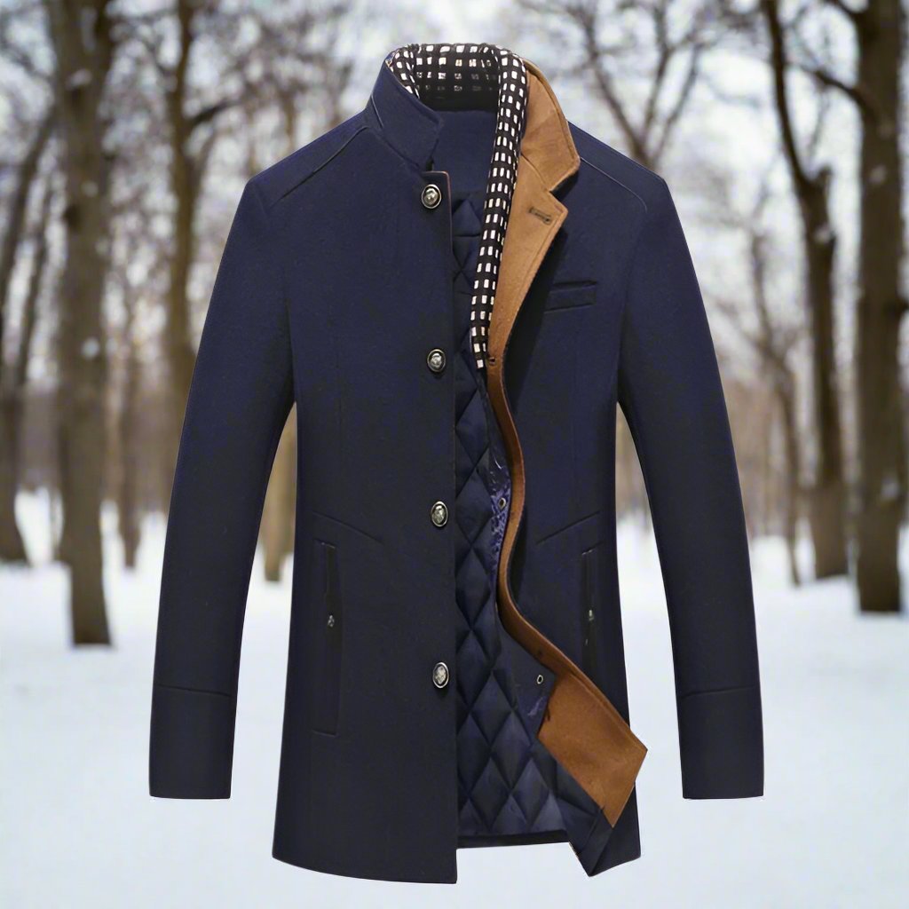 Men's Coat - Wool Blend - Tailored Fit - Stand Collar - Quilted Lining - Button Closure