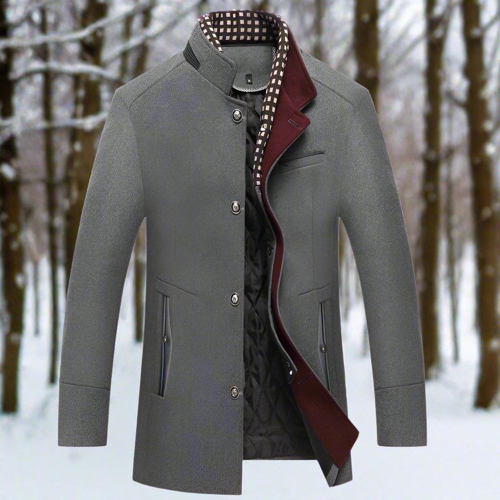 Men's Coat - Wool Blend - Tailored Fit - Stand Collar - Quilted Lining - Button Closure