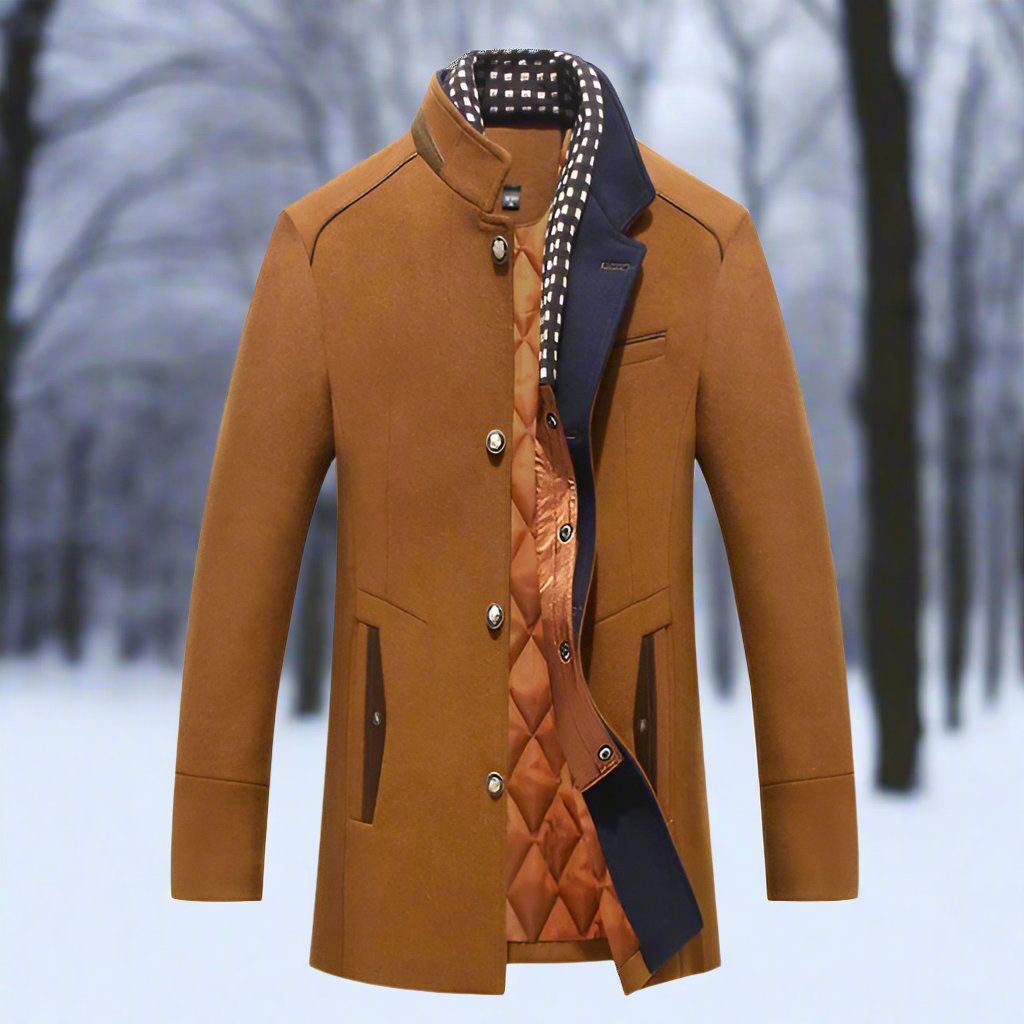 Men's Coat - Wool Blend - Tailored Fit - Stand Collar - Quilted Lining - Button Closure