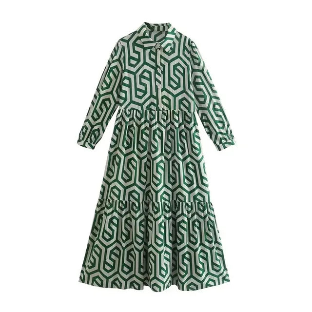 Women's Dress with Long Sleeves – Relaxed Fit – Tiered Cut – Geometric Pattern – Breathable Fabric