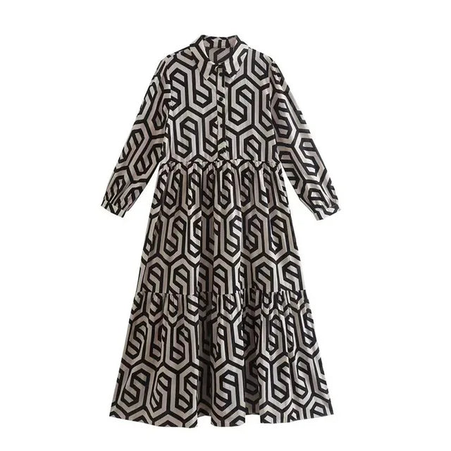 Women's Dress with Long Sleeves – Relaxed Fit – Tiered Cut – Geometric Pattern – Breathable Fabric