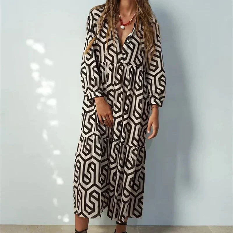 Women's Dress with Long Sleeves – Relaxed Fit – Tiered Cut – Geometric Pattern – Breathable Fabric