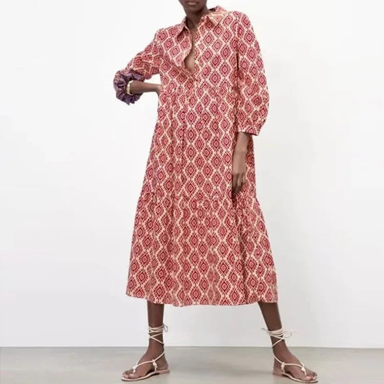 Women's Dress with Long Sleeves – Relaxed Fit – Tiered Cut – Geometric Pattern – Breathable Fabric