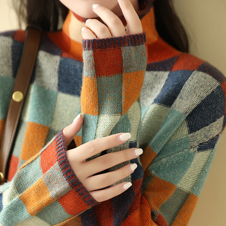 Penelope Wool Sweater | Mock Neck Check stylish look for women