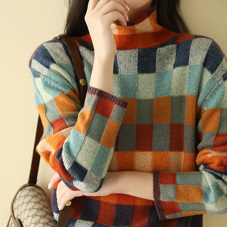 Penelope Wool Sweater | Mock Neck Check stylish look for women