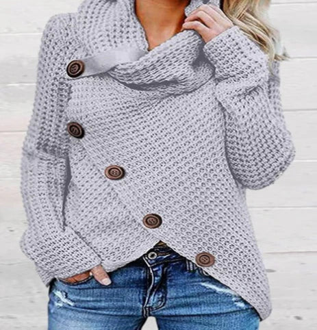 Women's Sweater – Knitted Wool – Relaxed Fit – Cowl Neck – Front Buttons