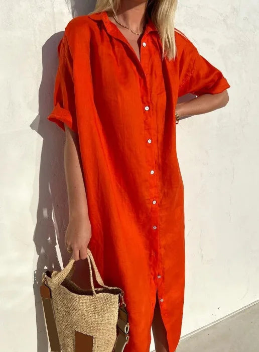 Women's Shirt Dress – Relaxed Fit – Natural Fibers – Midi Length – Short Sleeves