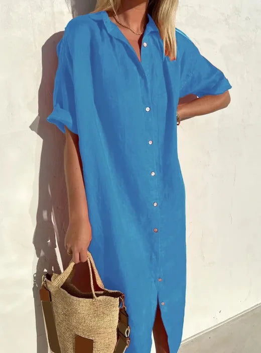 Women's Shirt Dress – Relaxed Fit – Natural Fibers – Midi Length – Short Sleeves