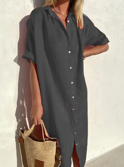 Women's Shirt Dress – Relaxed Fit – Natural Fibers – Midi Length – Short Sleeves
