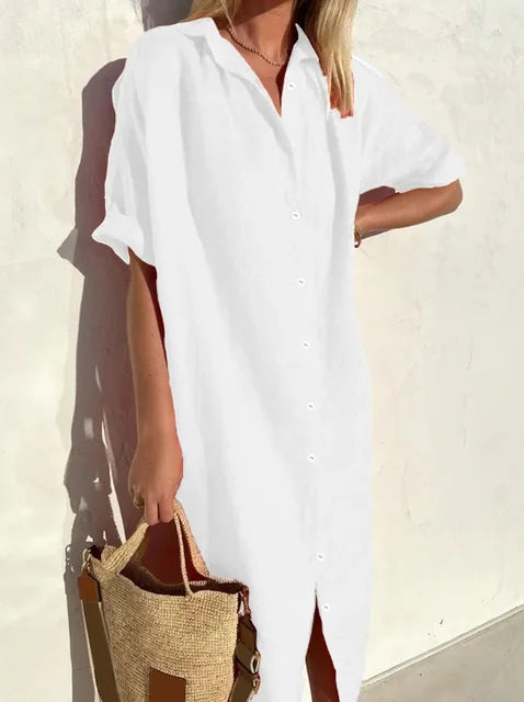 Women's Shirt Dress – Relaxed Fit – Natural Fibers – Midi Length – Short Sleeves