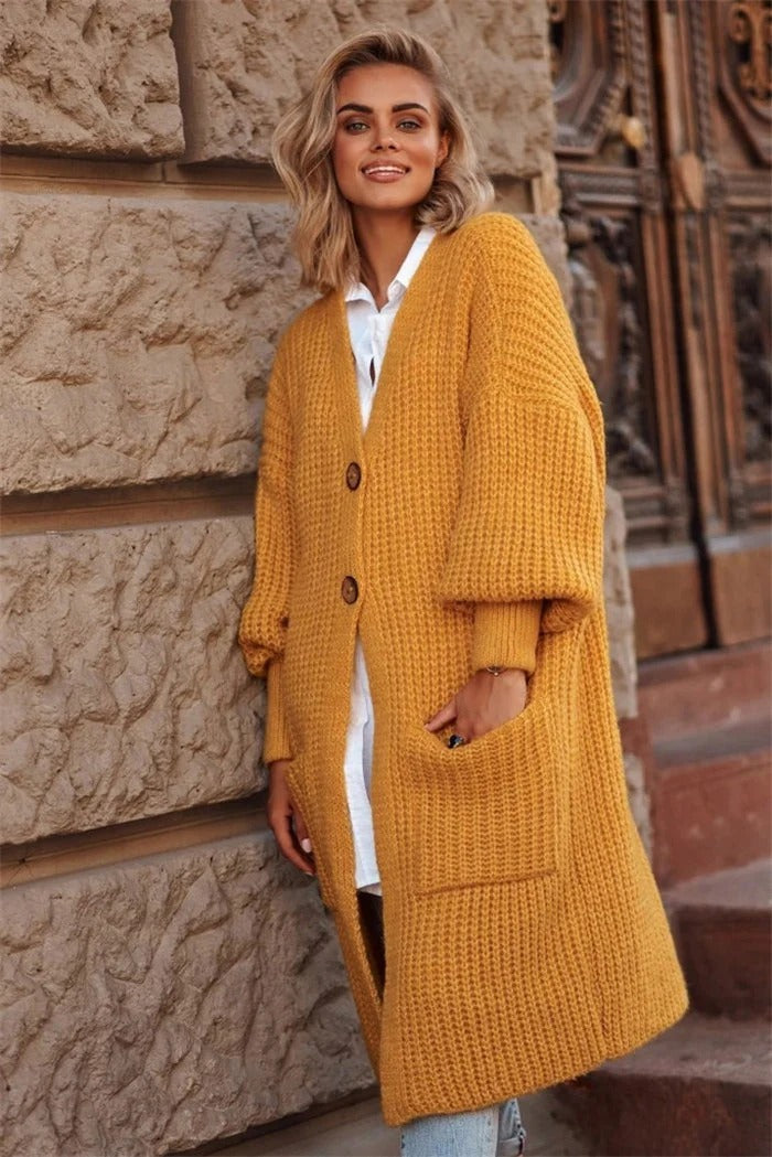 Women's Coat in Knit – Wool – Oversized Fit – Long Length – Button Front – Large Pockets