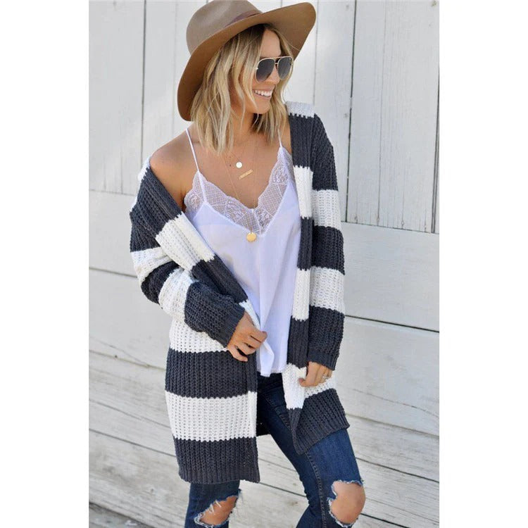 Women's Cardigan – Knitted – Relaxed Fit – Open Front – Wool Feel – Striped