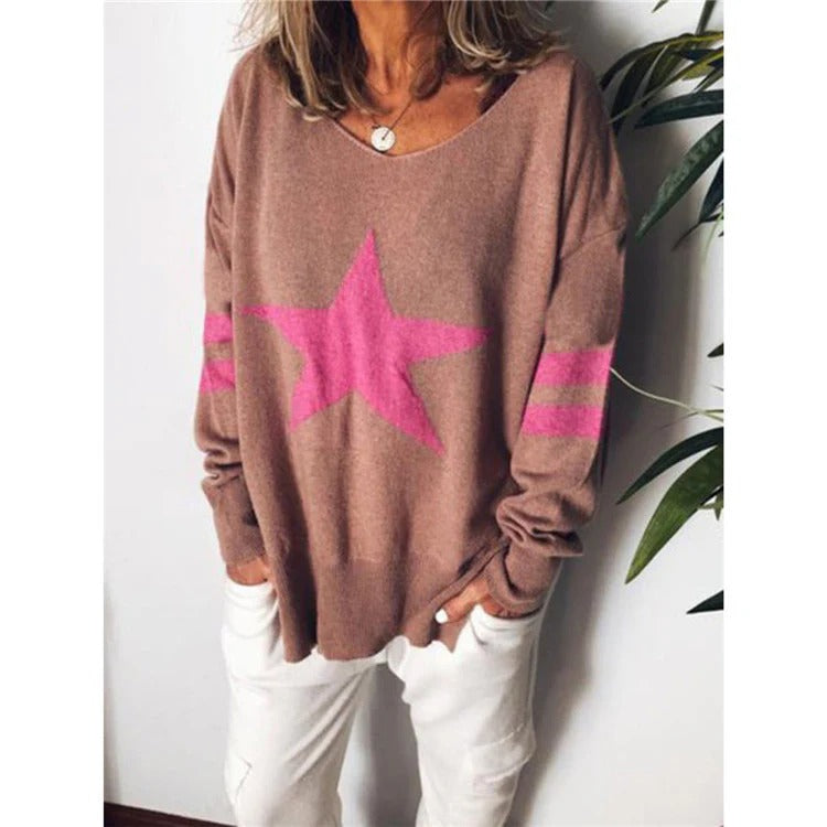 Women's Sweater – Relaxed Fit – Soft Knit – Star Print – Long Sleeves