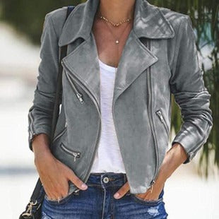 Women's Jacket – Slim Fit – Suede Look – Short Length – Notch Lapel – Zipper Details