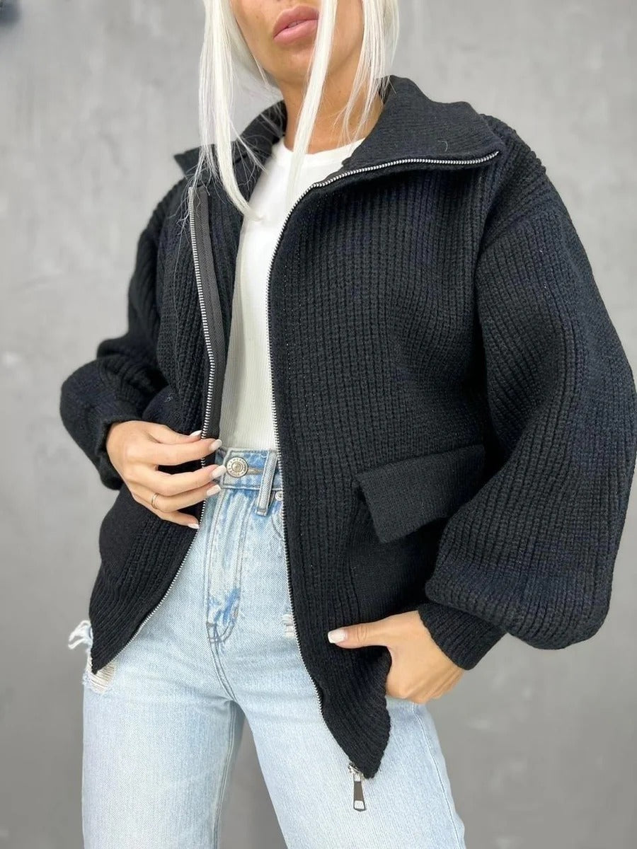 Women's Jacket – Knitted Material – Relaxed Fit – Zipper – Flap Pockets