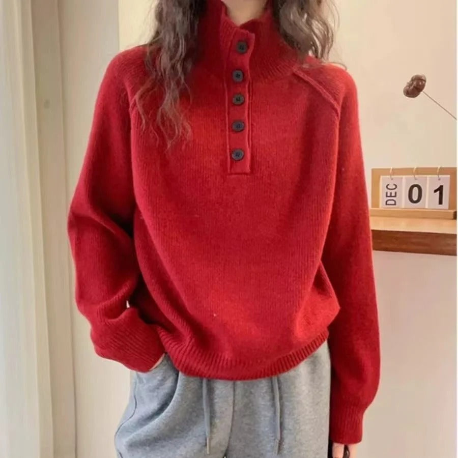 Women's Sweater – Wool Blend – Relaxed Fit – Stand Collar – Button Panel