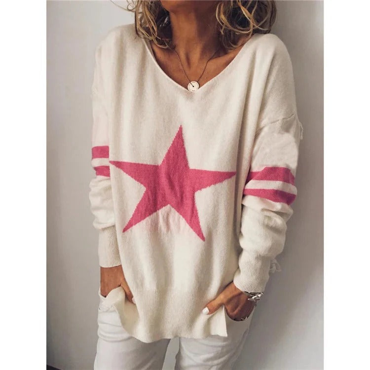 Women's Sweater – Relaxed Fit – Soft Knit – Star Print – Long Sleeves
