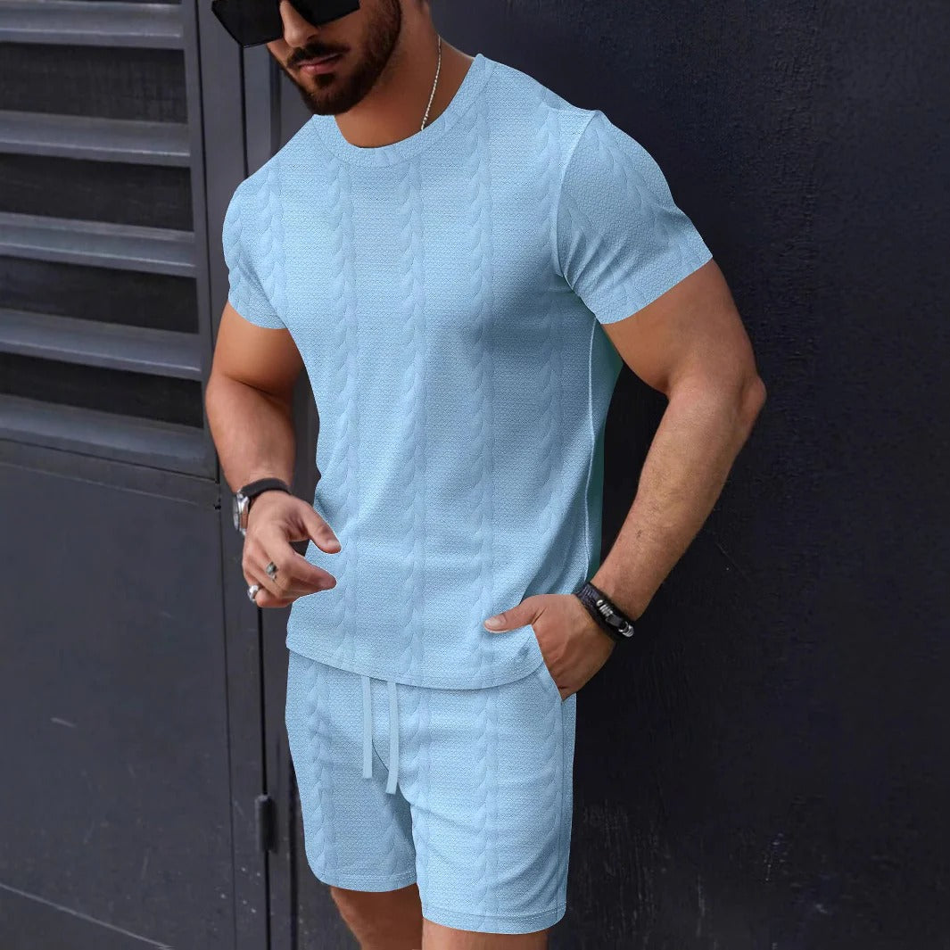 Men's Set with T-shirt and Shorts – Textured Knit – Regular Fit – Drawstring Waist