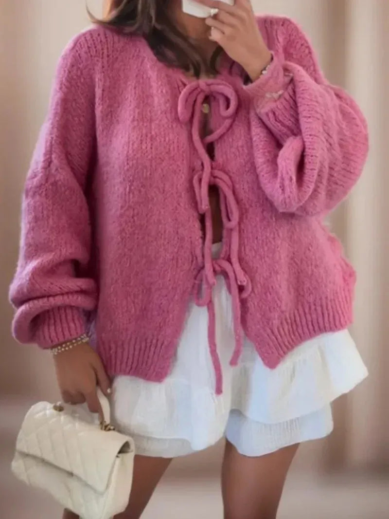 Women's Cardigan – Oversized Fit – Wool Knit – Balloon Sleeves – Tie Details
