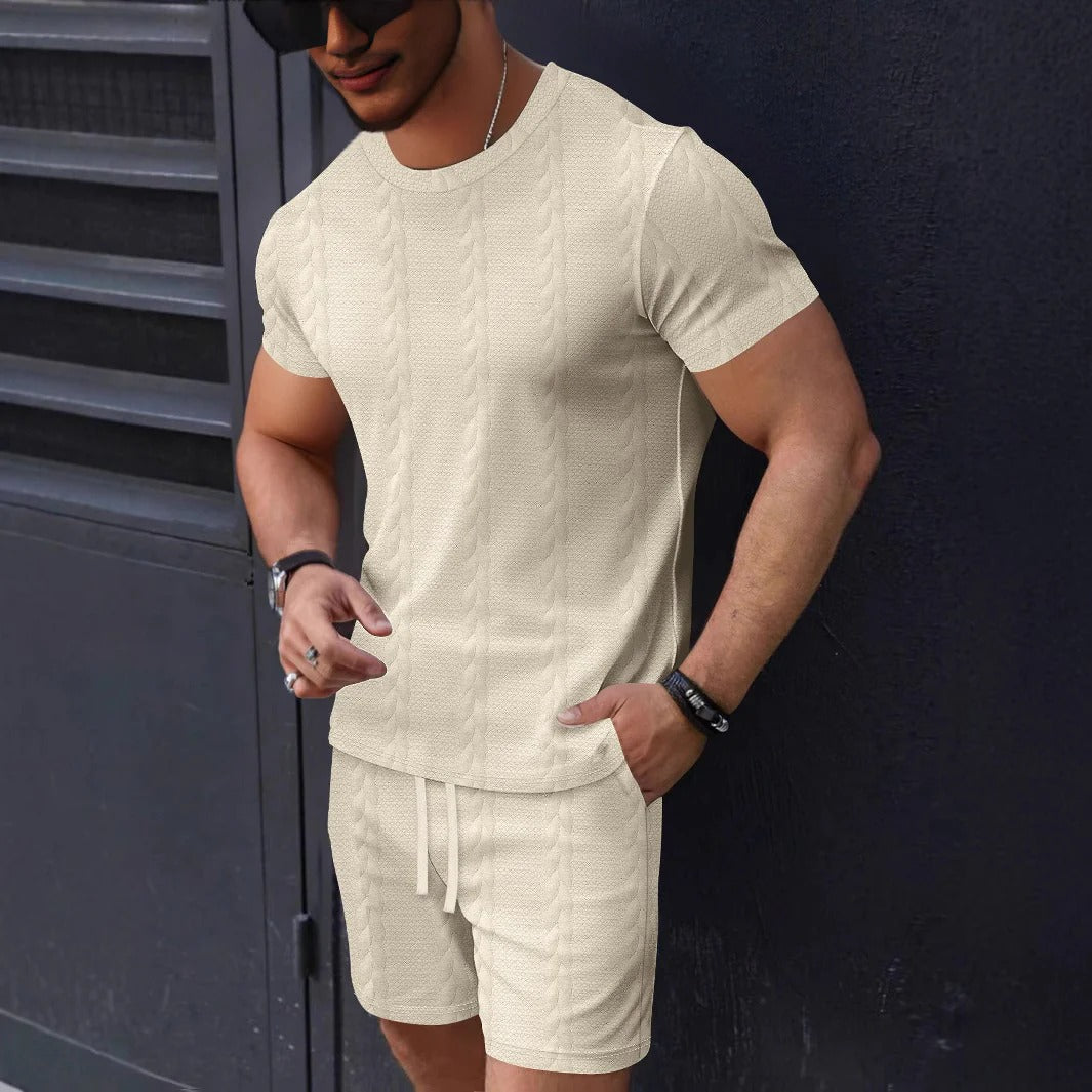 Men's Set with T-shirt and Shorts – Textured Knit – Regular Fit – Drawstring Waist