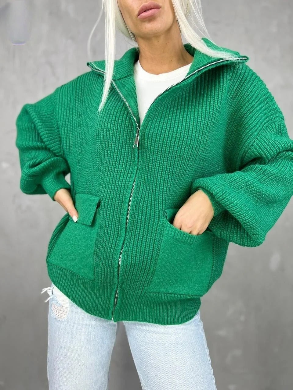 Women's Jacket – Knitted Material – Relaxed Fit – Zipper – Flap Pockets