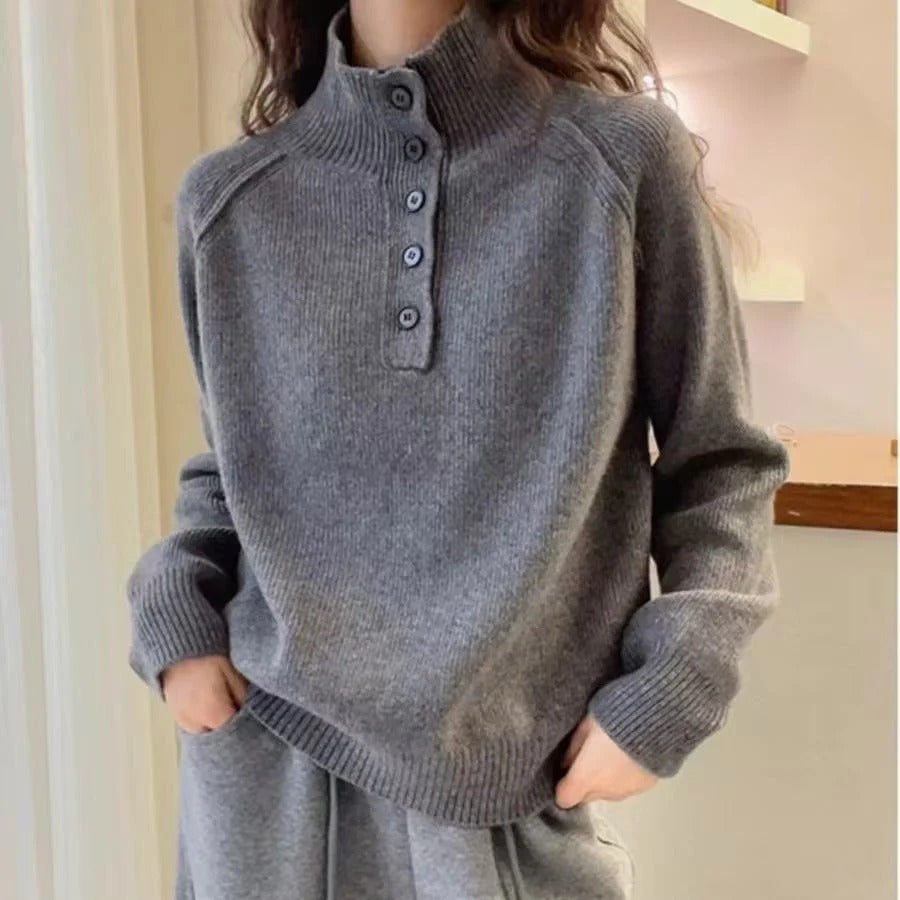 Women's Sweater – Wool Blend – Relaxed Fit – Stand Collar – Button Panel