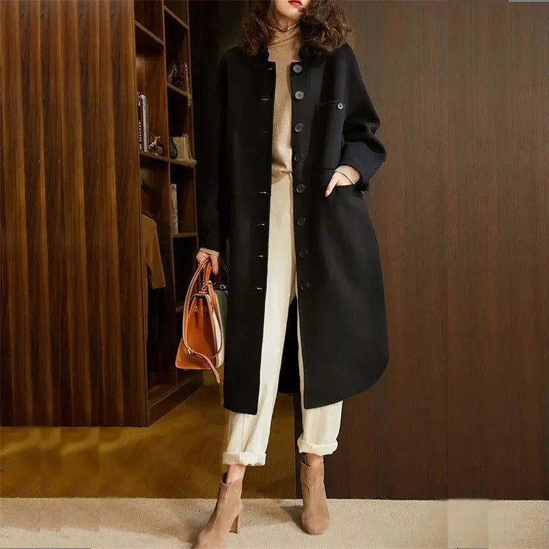 Women's Trench Coat – Wool Blend – Relaxed Fit – Long Model – Collarless Design