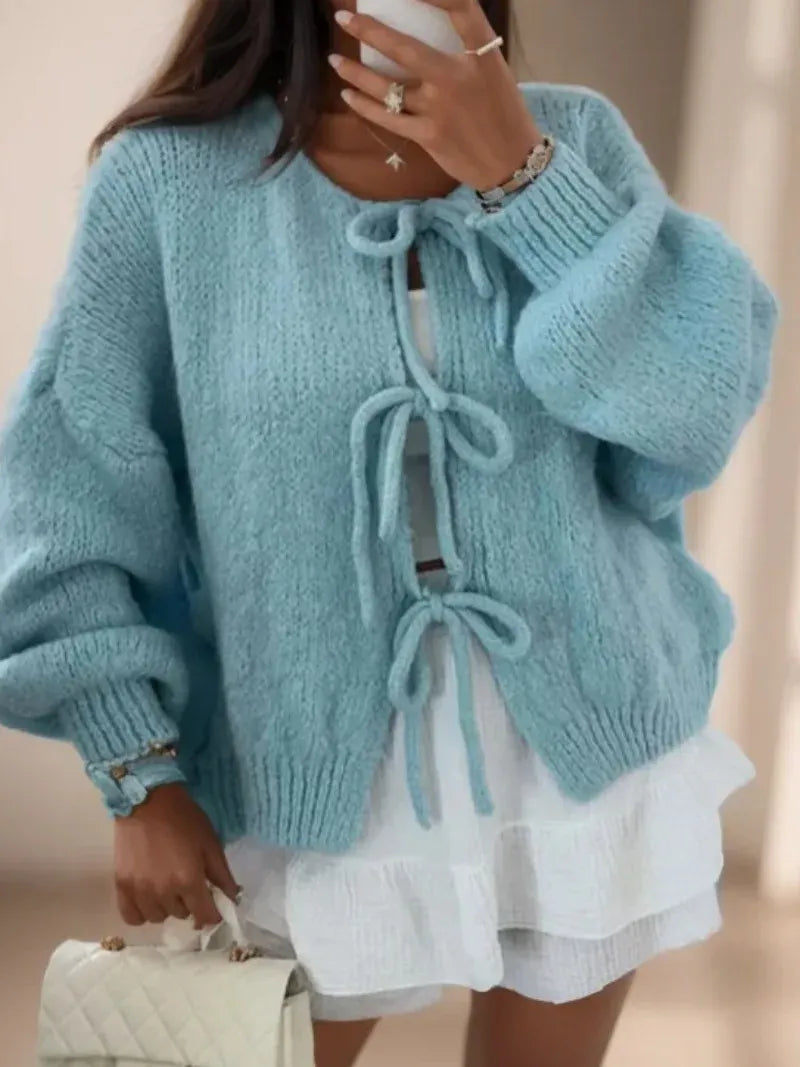 Women's Cardigan – Oversized Fit – Wool Knit – Balloon Sleeves – Tie Details
