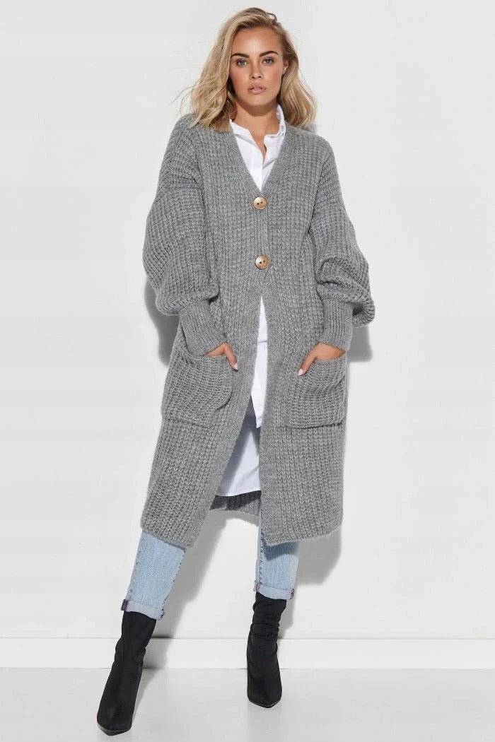 Women's Coat in Knit – Wool – Oversized Fit – Long Length – Button Front – Large Pockets