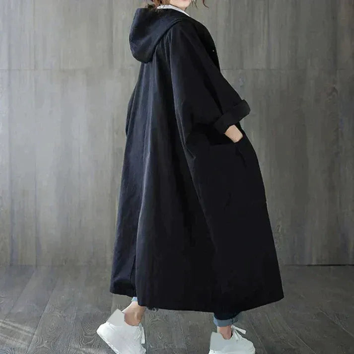 Women's Trench Coat – Oversized Fit – Hood – Full Length – Soft Cotton Feel – Buttons