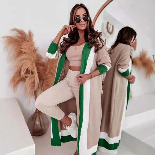 Women's Knitted Coat – Oversized Fit – Wide Collar – Ankle Length – Open Front