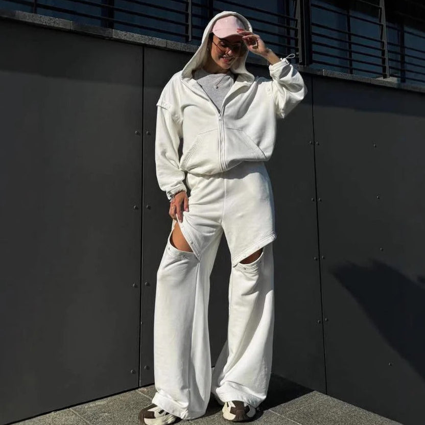 Women's Loungewear Set – Relaxed Fit – Zip-Up Hoodie – Wide Cut Pants