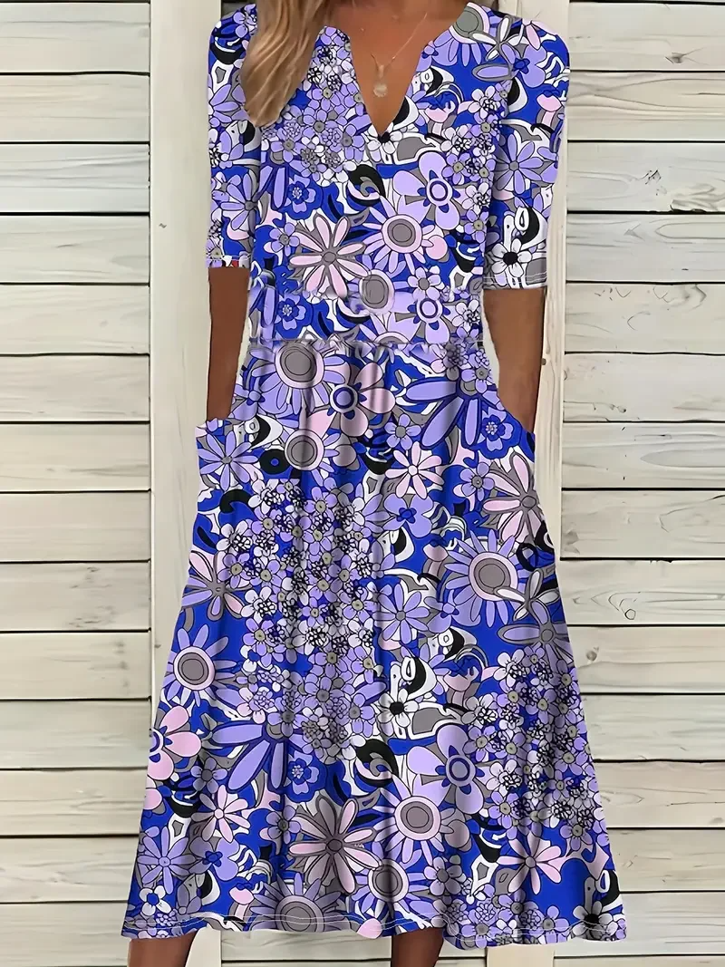 Women's Dress Maxi – Flared Fit – V-Neck – Short Sleeve – Floral Print – Airy Fabric