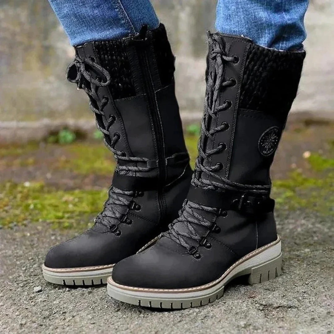 Women's High Boots – Front Lacing – Zipper – Wool Cuff – Buckle Details