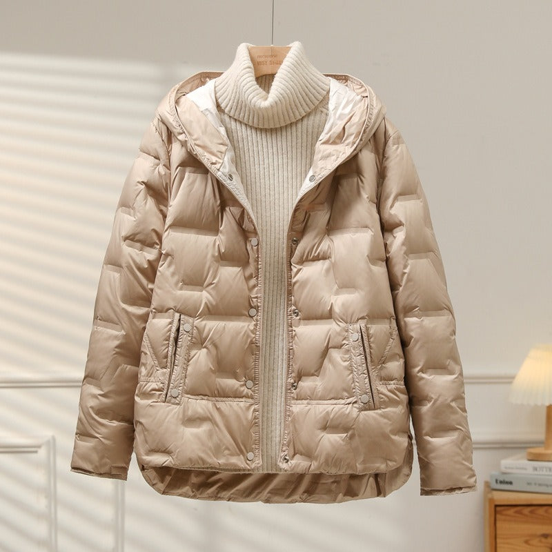 Women’s Jacket - Quilted - Woven Fabric - Attached Hood - Snap Button Closure