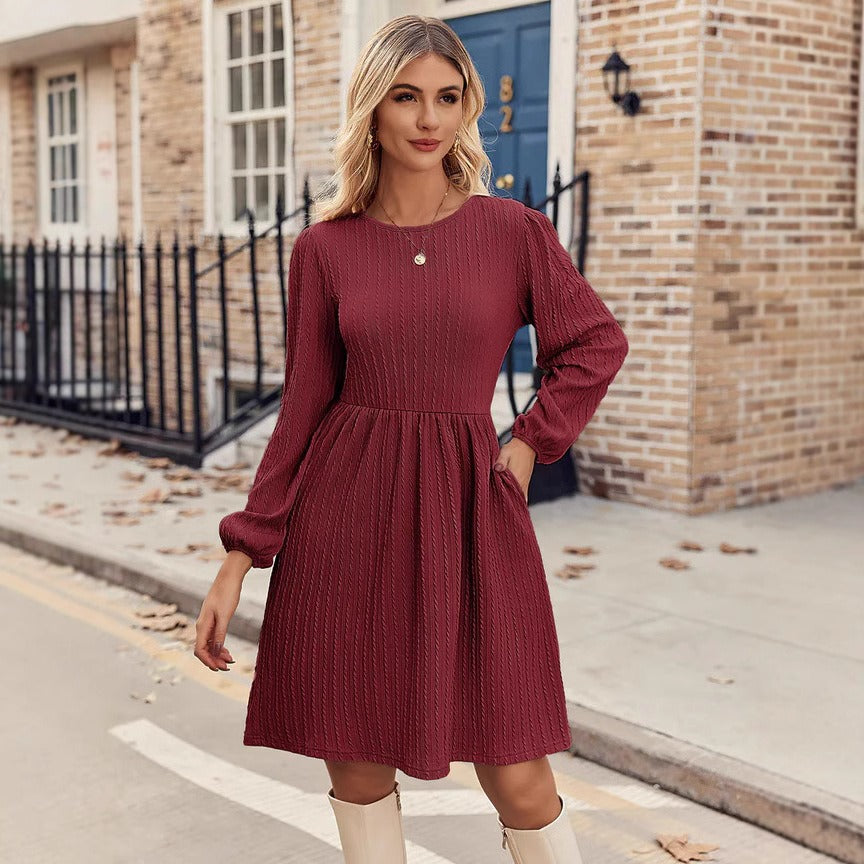 Dress for Women – Knitted Jacquard – Fitted Waist – Long Puff Sleeves