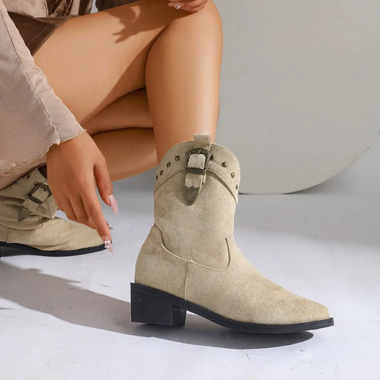 Women's Ankle Boots – Suede Look – Embroidered – Pointed Toe – Chunky Heel – Buckle – Studs