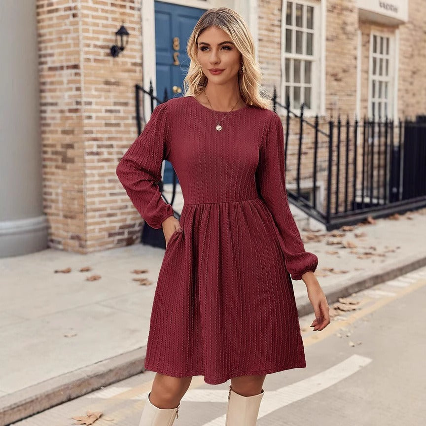 Dress for Women – Knitted Jacquard – A-line Fit – Long Puff Sleeves – Round Neck