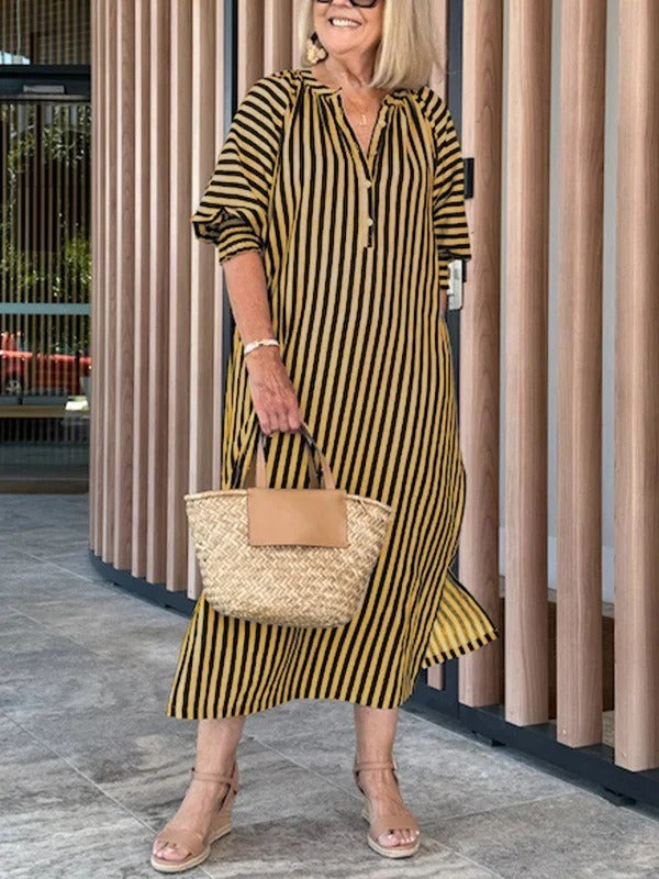 Dress woman – Midi length – Striped – V-neck – Ruffle sleeves – Relaxed fit – Cotton blend