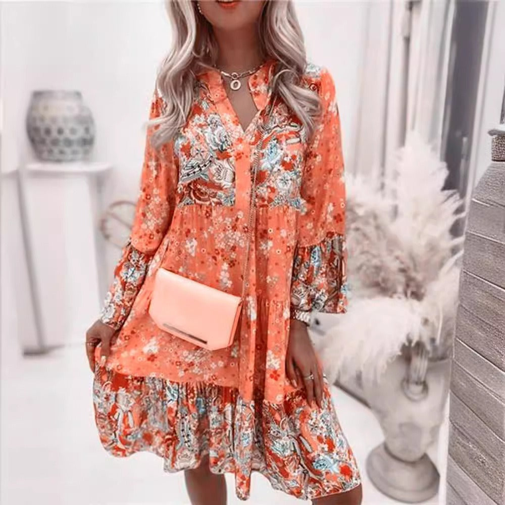 Dress for Women – Mini Dress – Relaxed Fit – Long Sleeves – Floral Patchwork Pattern – V-Neck