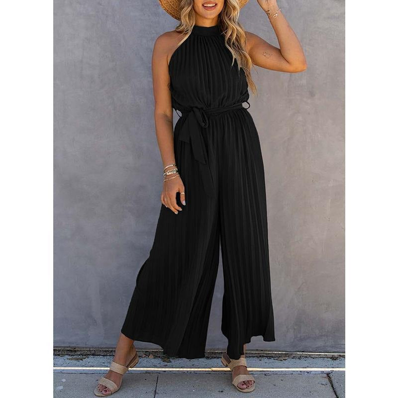 Women's Jumpsuit – Halterneck – Pleated Fabric – Wide Legs – Tie Belt at Waist