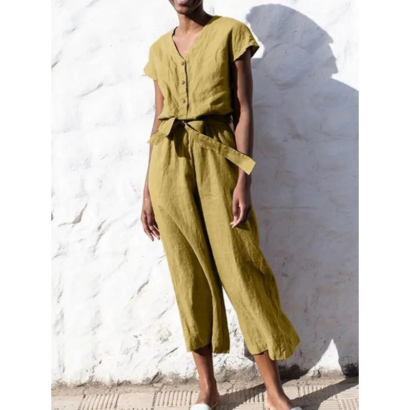 Women's jumpsuit – relaxed fit – cotton blend – V-neck – short sleeves – tie belt