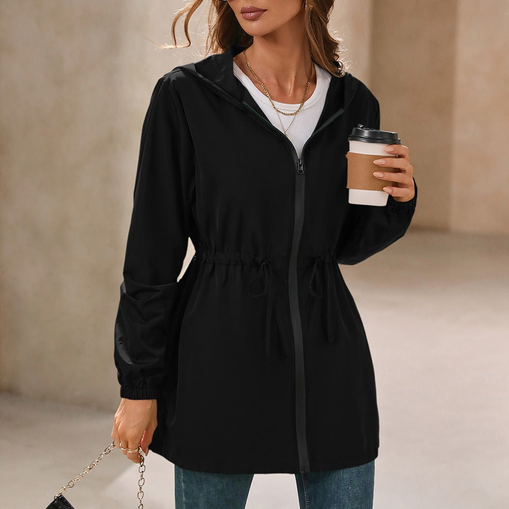 Women's Rain Jacket – Water-Repellent Lightweight Fabric – Adjustable Waist – Hood – Zipper