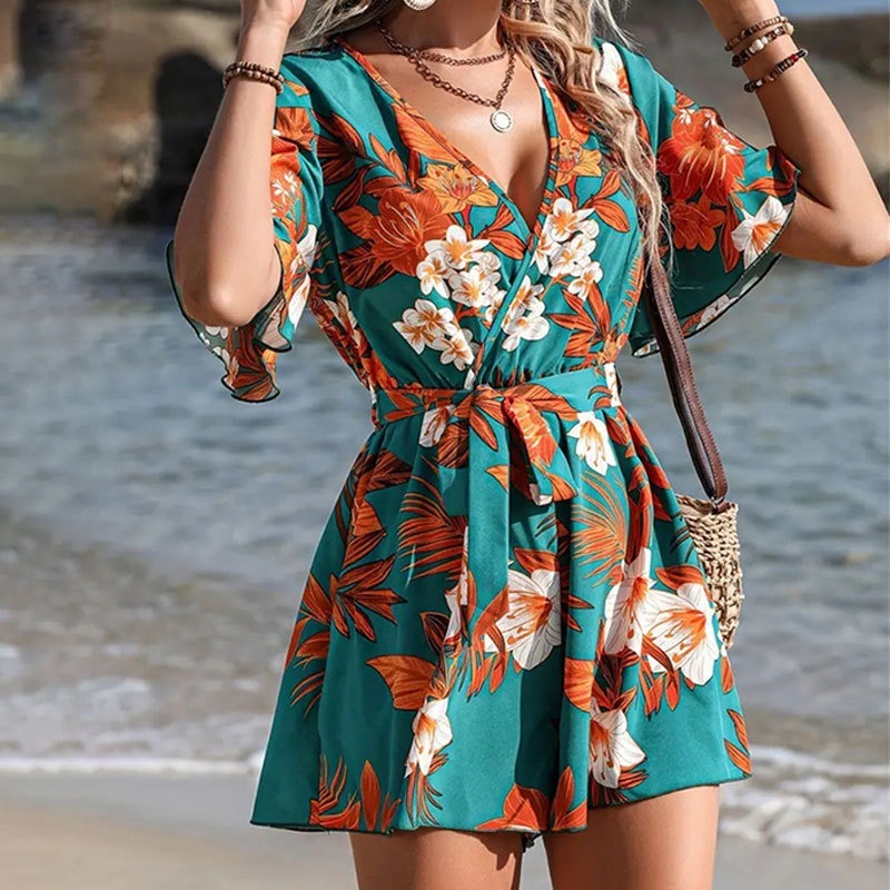Women's Romper – Short Fit – Wrap Neckline – Ruffled Sleeves – Floral Print