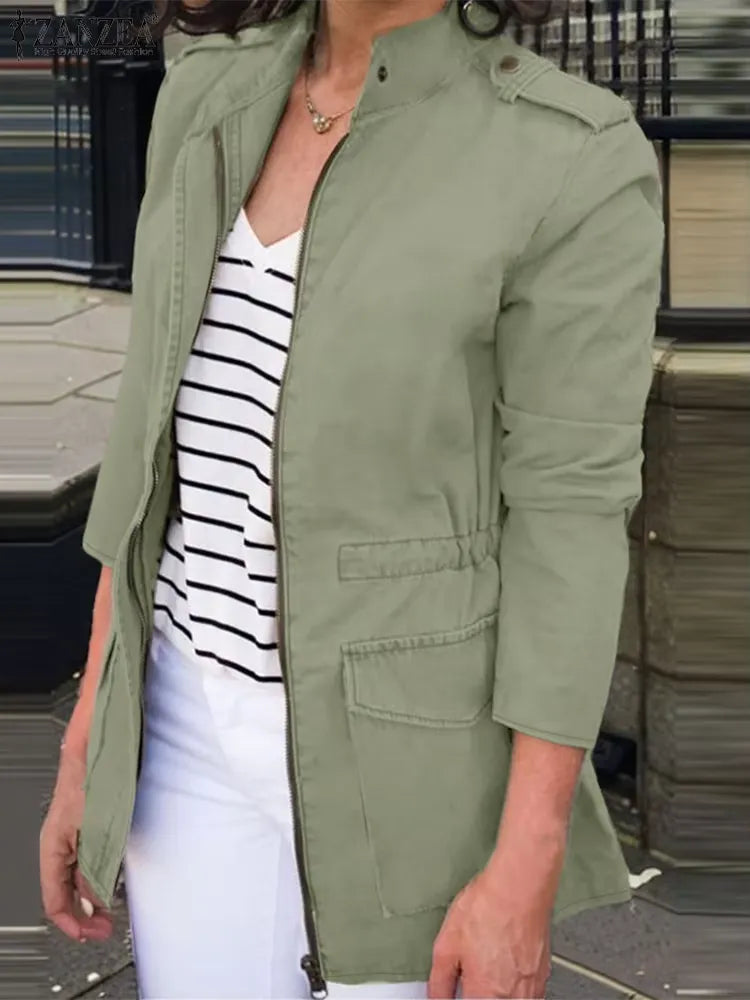 Women's Cargo Jacket – Relaxed Fit – Cotton – Zipper – Stand Collar – Flap Pockets