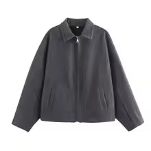 Women's Jacket – Wool Blend – Loose Fit – Zipper – Lapel Collar – Casual Style