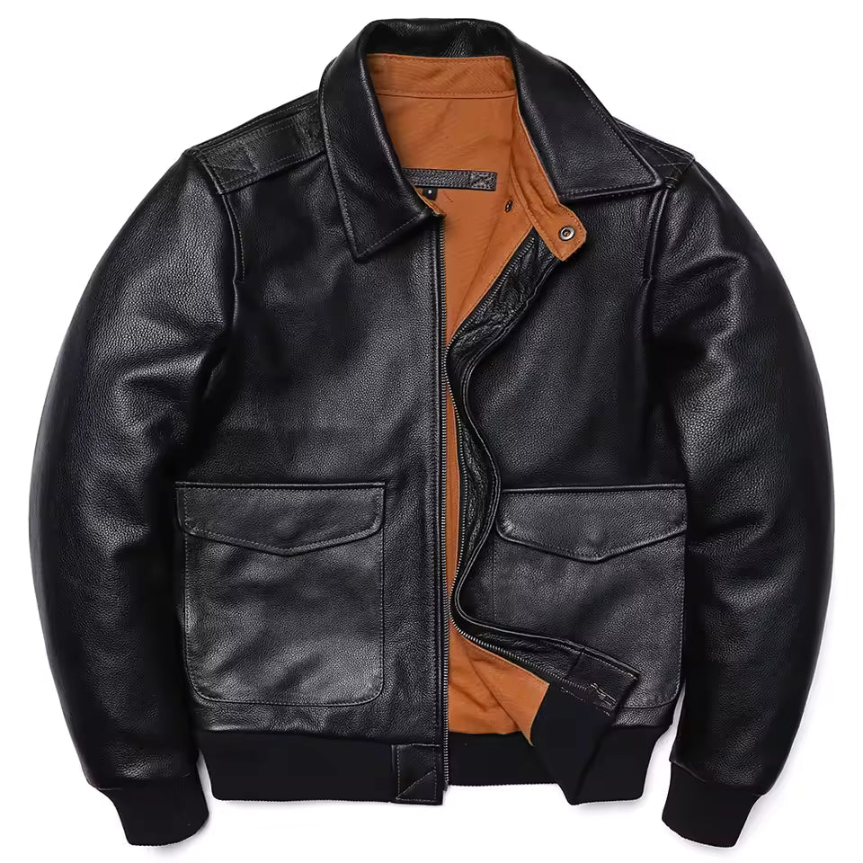 Men's Leather Jacket – Classic Fit – Zipper Closure – Ribbed Hem – Pointed Collar
