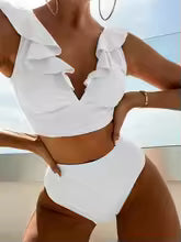 Women's Bikini Set – Ruffled V-neck – High Waist – Breathable Elastic Fabric