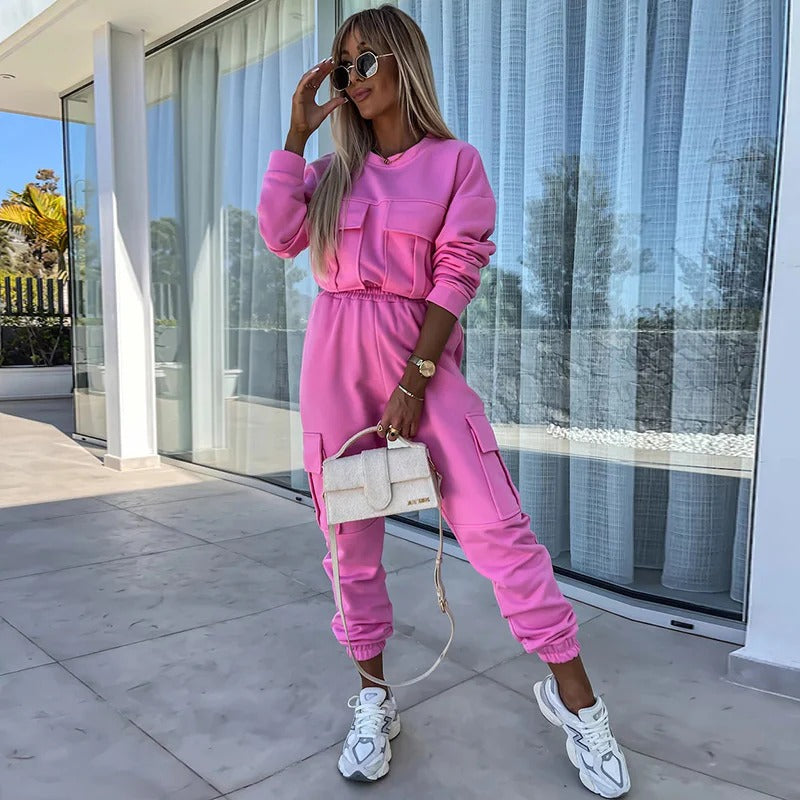 Women's Set with Relaxed Fit – Cotton Blend – Cargo Joggers – Long-Sleeved Top