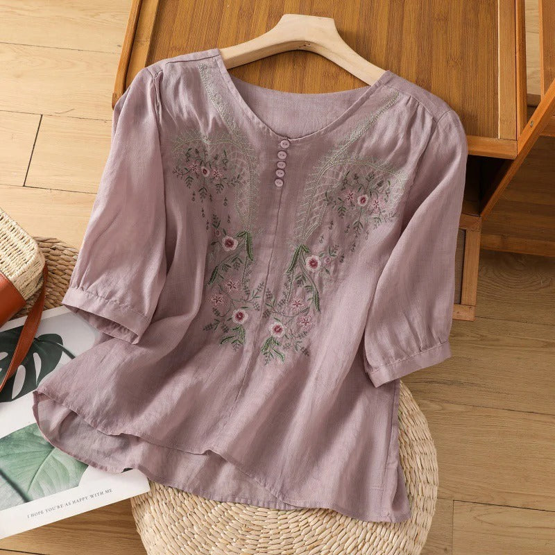 Women's Blouse – Relaxed Fit – Cotton Feel – Floral Embroidery – 3/4 Sleeves – Button Neck